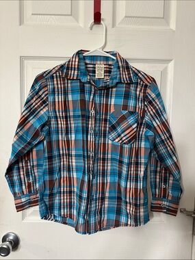 Faded Glory Teal, Brown & Coral Plaid Button-Up